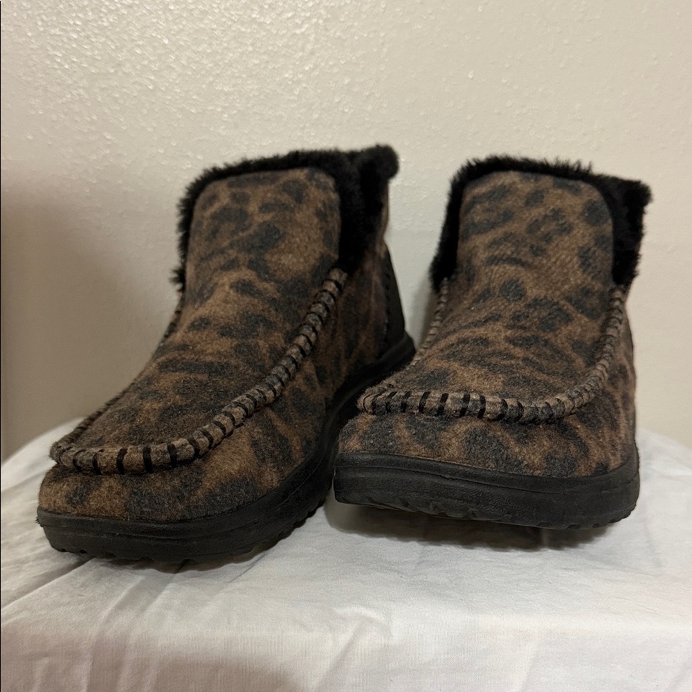 Hey Dude Women’s Leopard Print Moccasin Slippers - Brown and Black